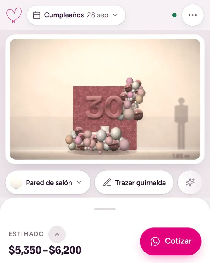 Vista previa del editor en el celular: pared con arco de globos y la barra de precio